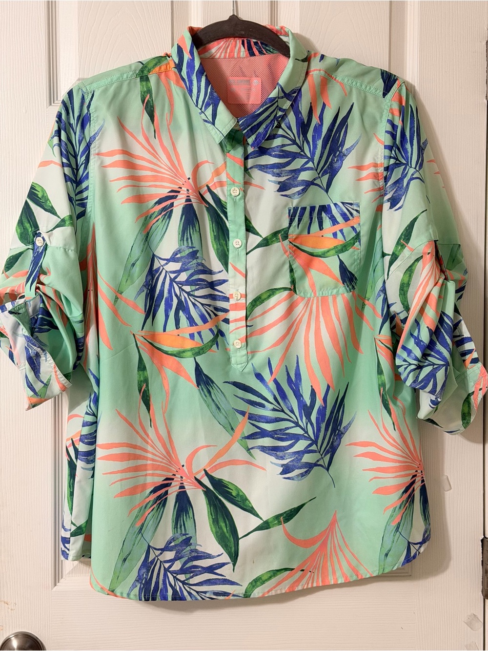 Reel Legends Mint Tropical Print Button-Down with Coral and Navy Leaves